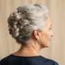 Rear three quarter view of older woman with silver hair in an elegant pinned updo against champagne backdrop