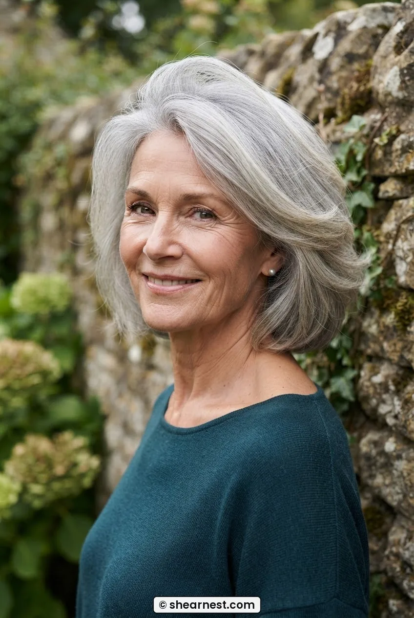 Silver-haired woman over sixty outdoors showing volume at crown and softened jaw structure