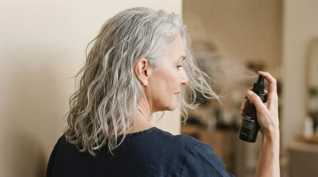 Silver-haired woman over 60 having texturizing spray misted through back hair panel before styling