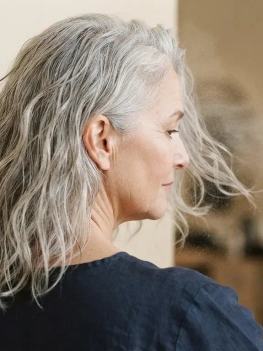 Silver-haired woman over 60 having texturizing spray misted through back hair panel before styling