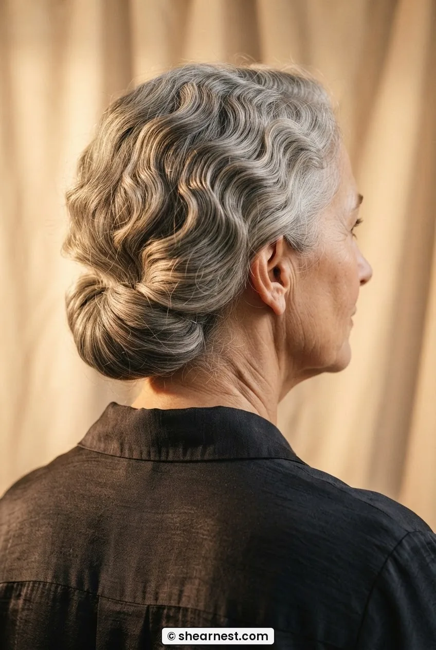 Three quarter rear view of silver grey haired woman with S-wave set through crown and lengths pinned low