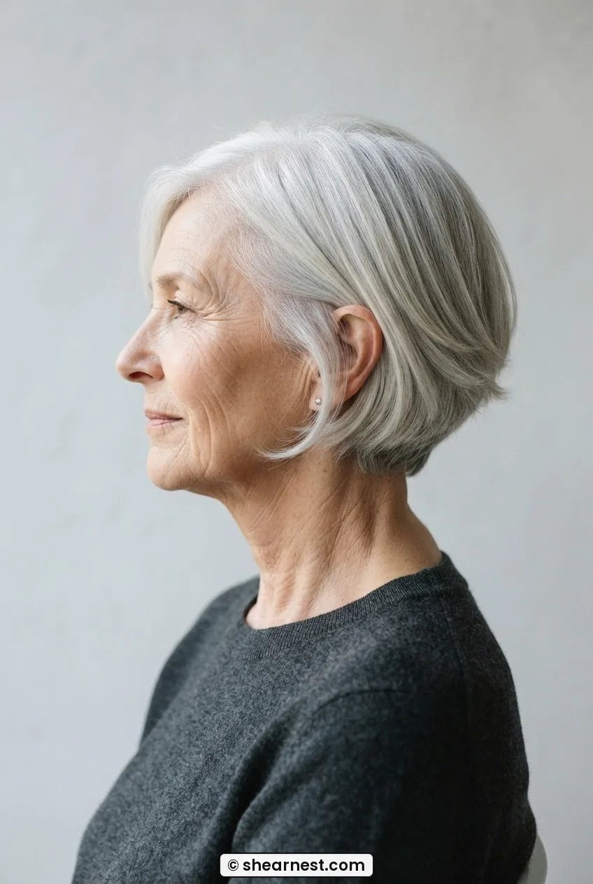 Side profile of older woman with silver-white layered hair showing clean jaw-length perimeter