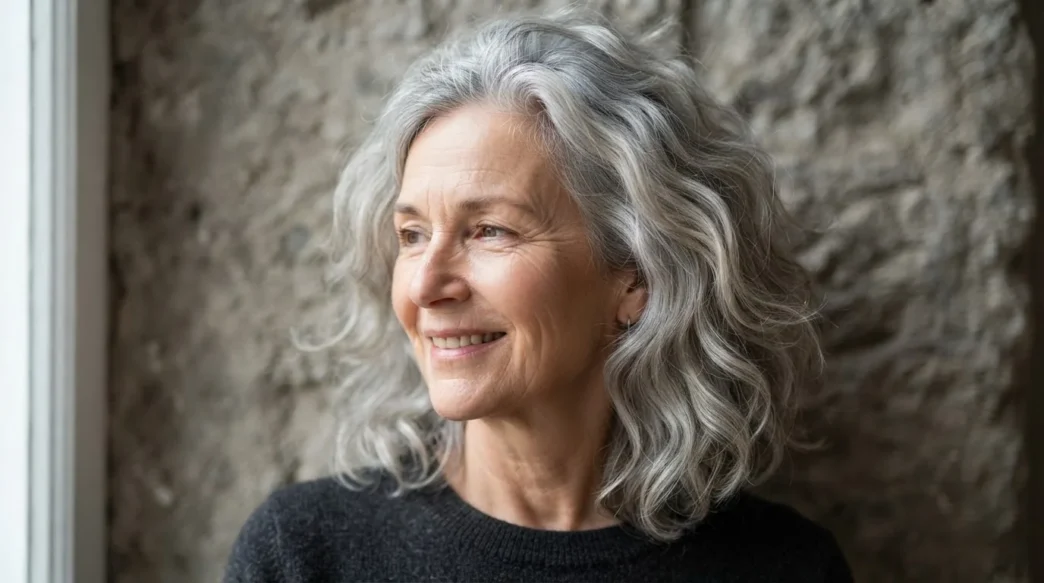 Woman in her late fifties with natural silver loose waves falling to the collarbone, soft window light on stone backdrop