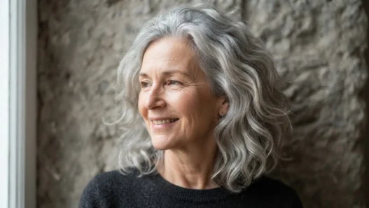 Woman in her late fifties with natural silver loose waves falling to the collarbone, soft window light on stone backdrop