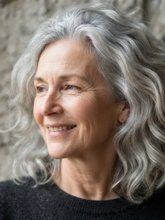 Woman in her late fifties with natural silver loose waves falling to the collarbone, soft window light on stone backdrop