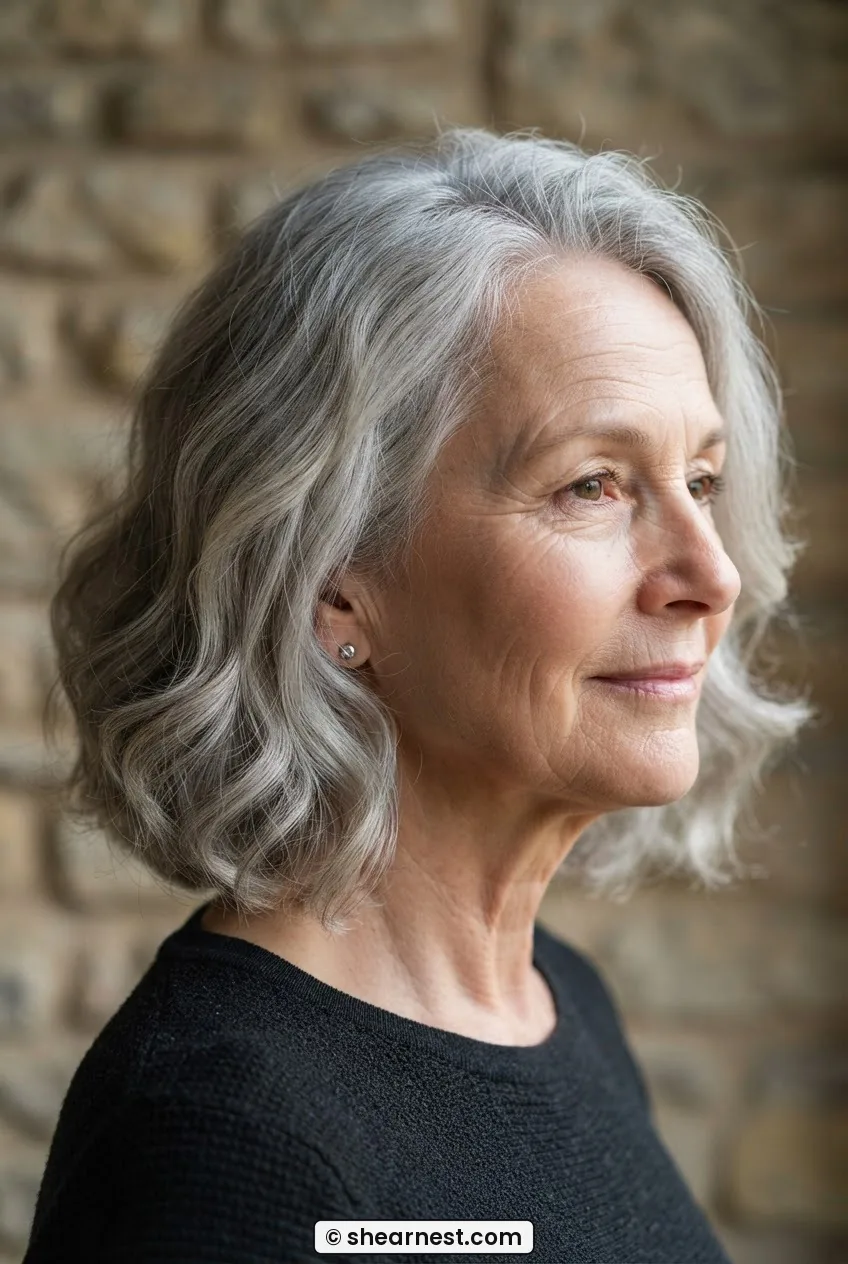 Side profile of a woman in her early sixties with a wavy silver bob just below the jaw, soft sidelight on stone backdrop