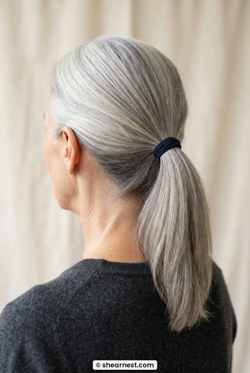 Rear three-quarter view of straight silver hair in a simple half-up ponytail secured with dark fabric tie at the occipital ridge