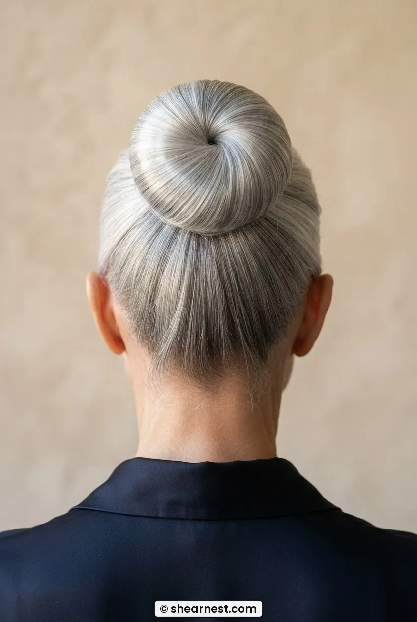 Directly rear view of 61-year-old woman with silver hair in a sleek flat architectural bun at the crown