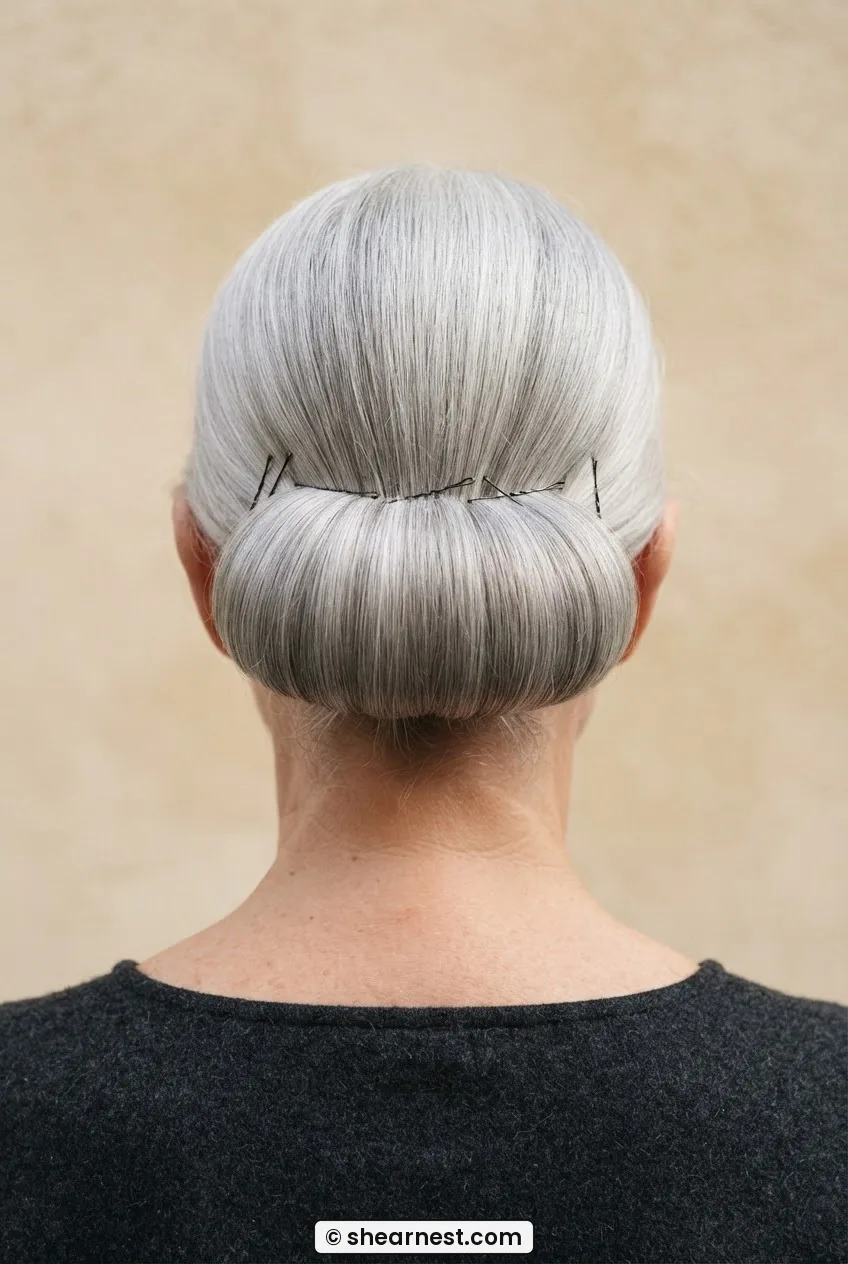 Direct rear view of woman with smooth silver hair in a sleek horizontal barrel roll pinned at the nape