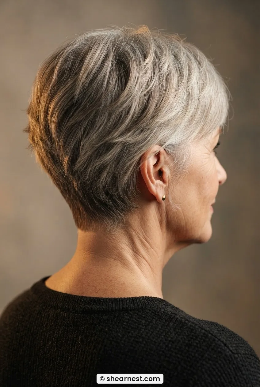 Rear three quarter view of a woman over 50 with a soft graduation pixie shag on fine greying hair showing feathered ends