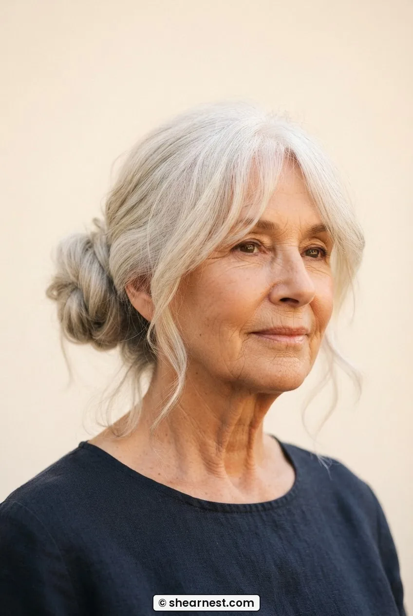 Older woman wearing a soft off-centre low bun updo in white and grey hair with wisps at the temples and nape falling forward