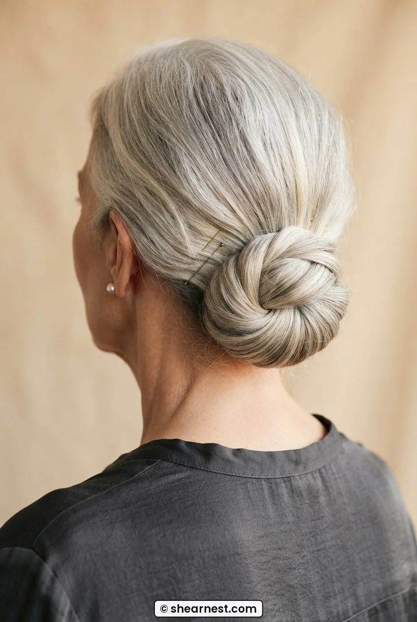Rear view of older woman with silver hair in a soft low chignon with centre knot pinned neatly at the nape