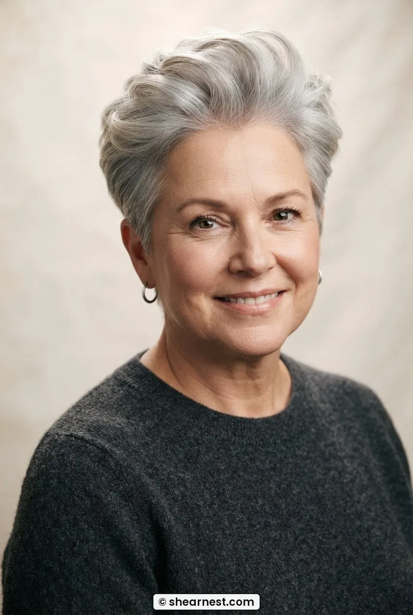 52-year-old woman with round face and soft silver pixie showing height at crown with close tapered sides