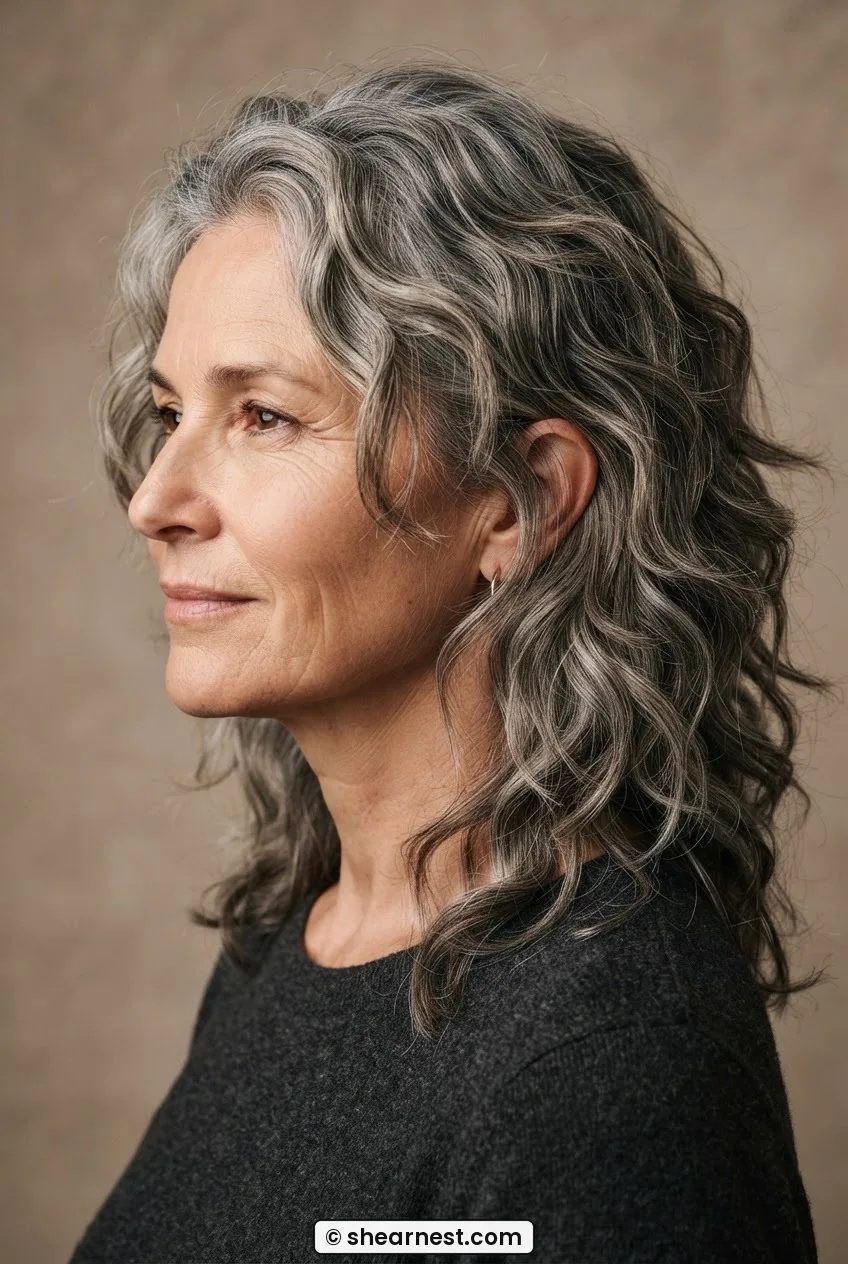 Fifty-year-old woman with thick wavy greying hair in soft shag, point-cut ends, wave texture visible through each layer
