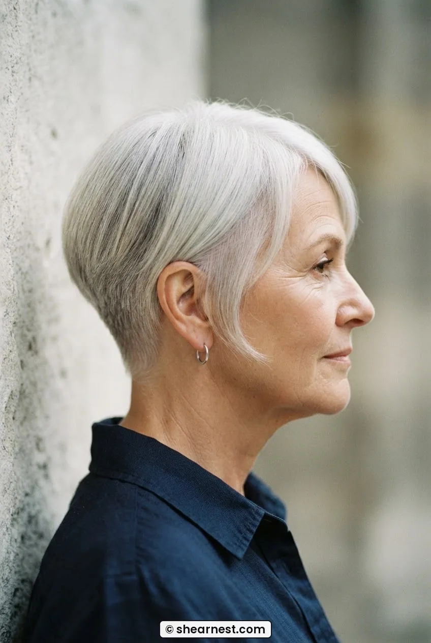 Direct side profile of a sixty-four-year-old woman with a soft tapered nape crop in silver hair showing the gentle fade through the nape