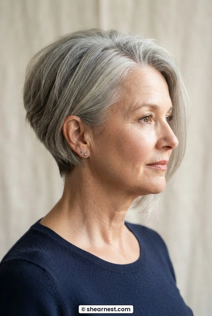 Woman in her fifties with greying stacked-back bob angled forward past the chin on a neutral backdrop