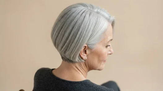 60-year-old woman with fine silver hair in a blunt stacked bob, crown filling the frame against an oat backdrop