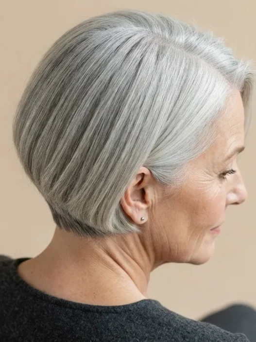 60-year-old woman with fine silver hair in a blunt stacked bob, crown filling the frame against an oat backdrop