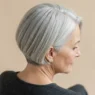 60-year-old woman with fine silver hair in a blunt stacked bob, crown filling the frame against an oat backdrop