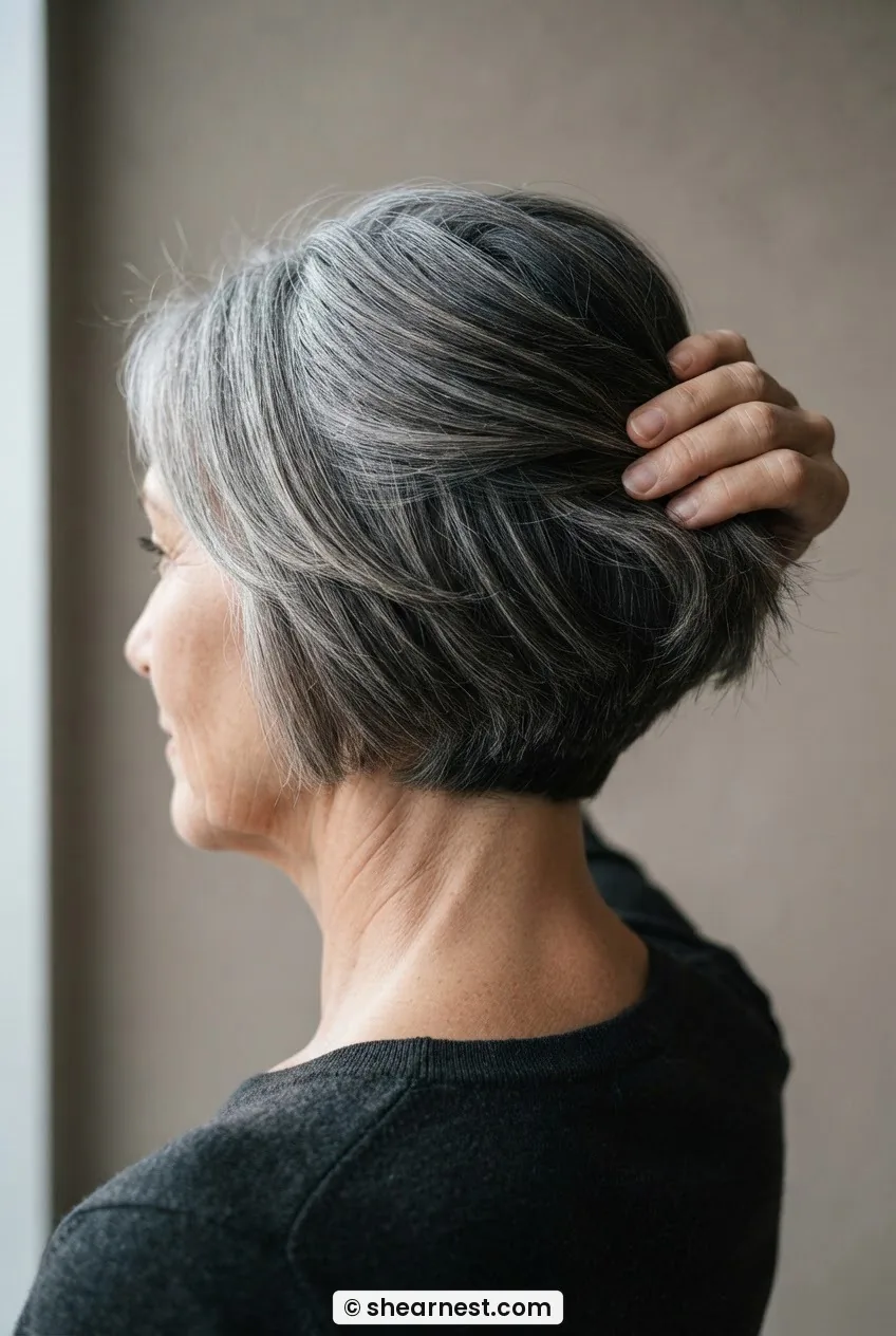 Rear close view of woman with thick salt-and-pepper stacked bob, one section lifted showing thinned slide-cut interior
