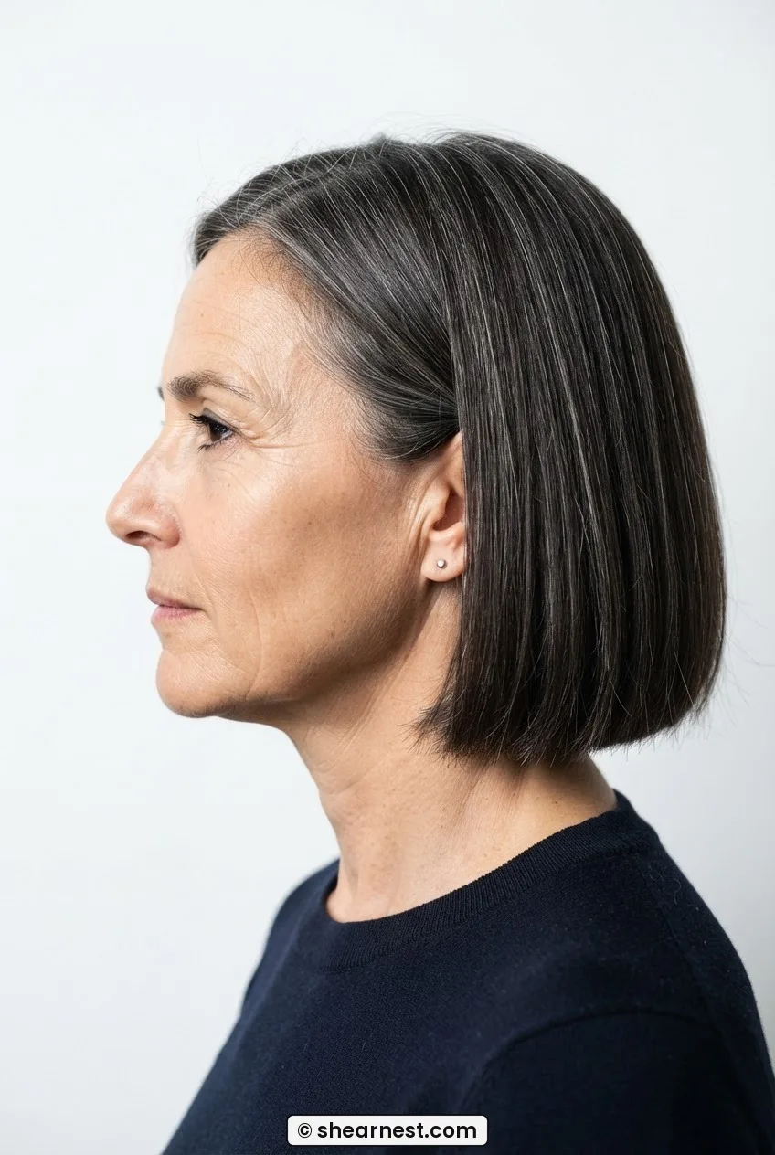 Direct side profile of a 54-year-old woman with a straight brunette bob sitting just below the jawline