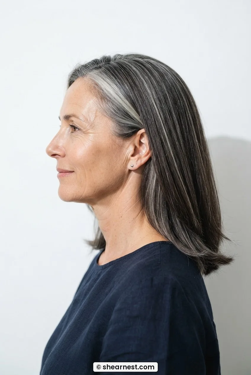 Side view of a 54-year-old woman with a straight dark brunette lob just below the collarbone with grey blending