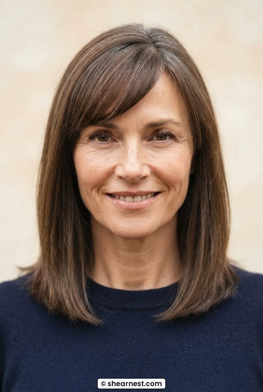 Front-facing woman in her early fifties with straight brunette lob and defined side-swept bang sweeping left across her forehead