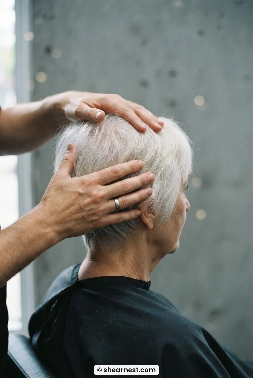 Hairstylist's hands pressing over crown of 66-year-old woman with fine white hair assessing head shape before cutting