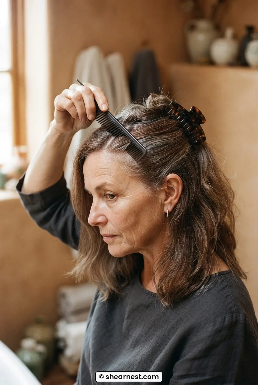 Woman drawing horizontal ear-to-ear parting with tail comb, crown clipped up, preparing medium hair for layering