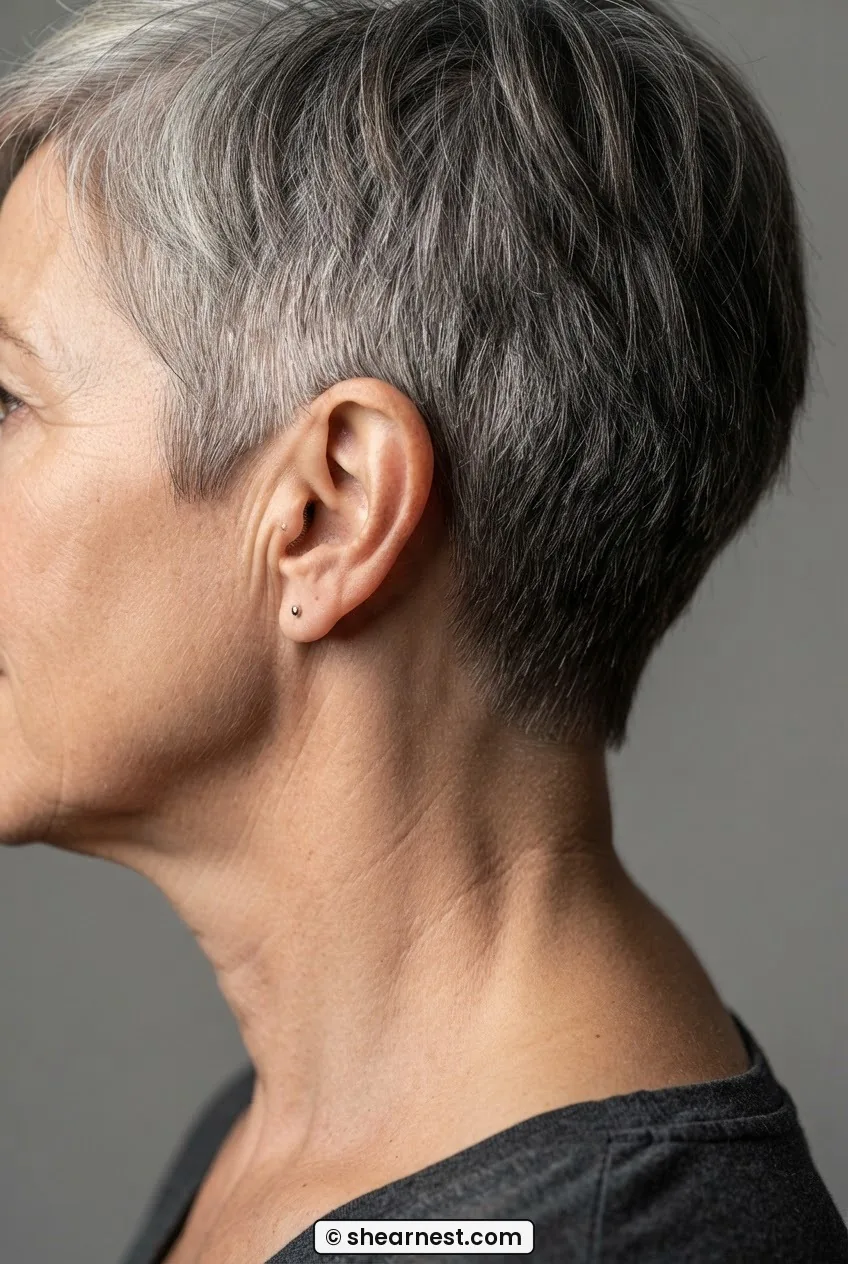 Close profile of the nape and ear of a 55-year-old woman with a tapered short pixie cut, raking side light showing the taper detail
