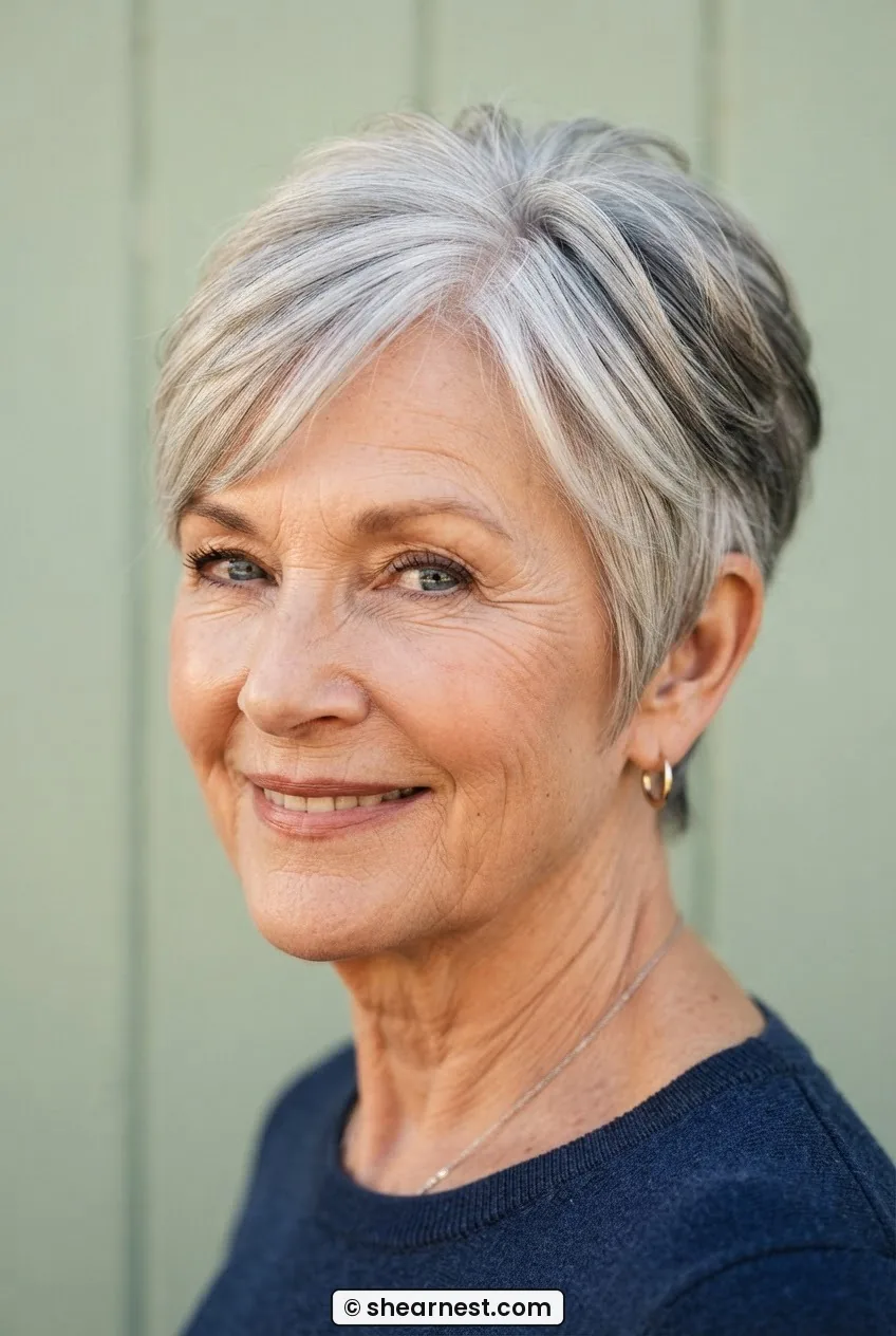Older woman with a soft tapered silver pixie cut, crown layers lifted and feathered, hair swept gently to one side at the forehead
