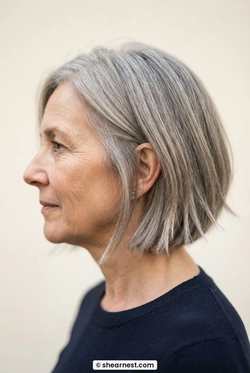 Close side-angle view of woman with fine ash grey jaw-length bob showing individually separated piece-y ends catching overhead light
