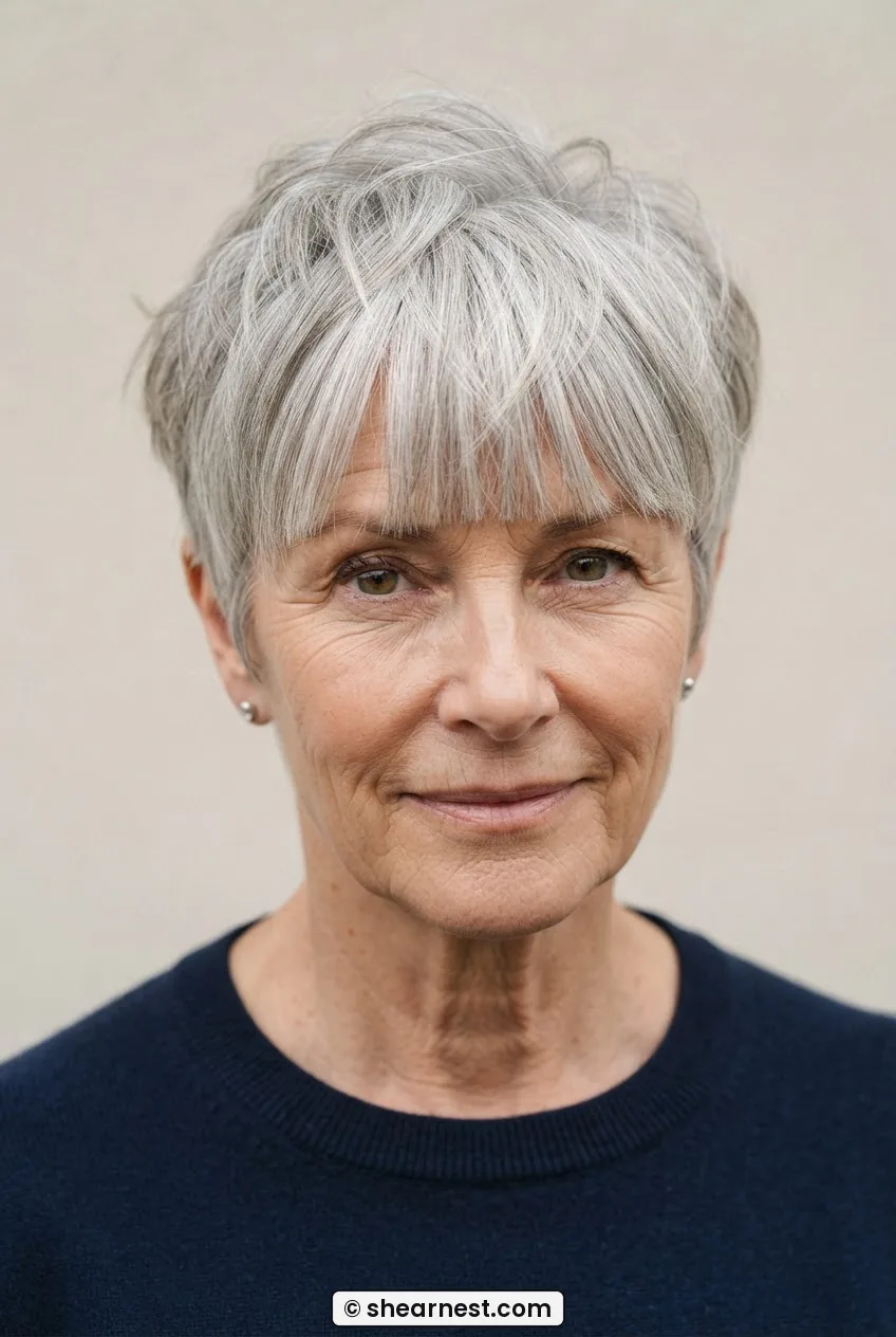 Silver-haired woman in a short textured crop with blunt heavy fringe at brow level, soft editorial lighting