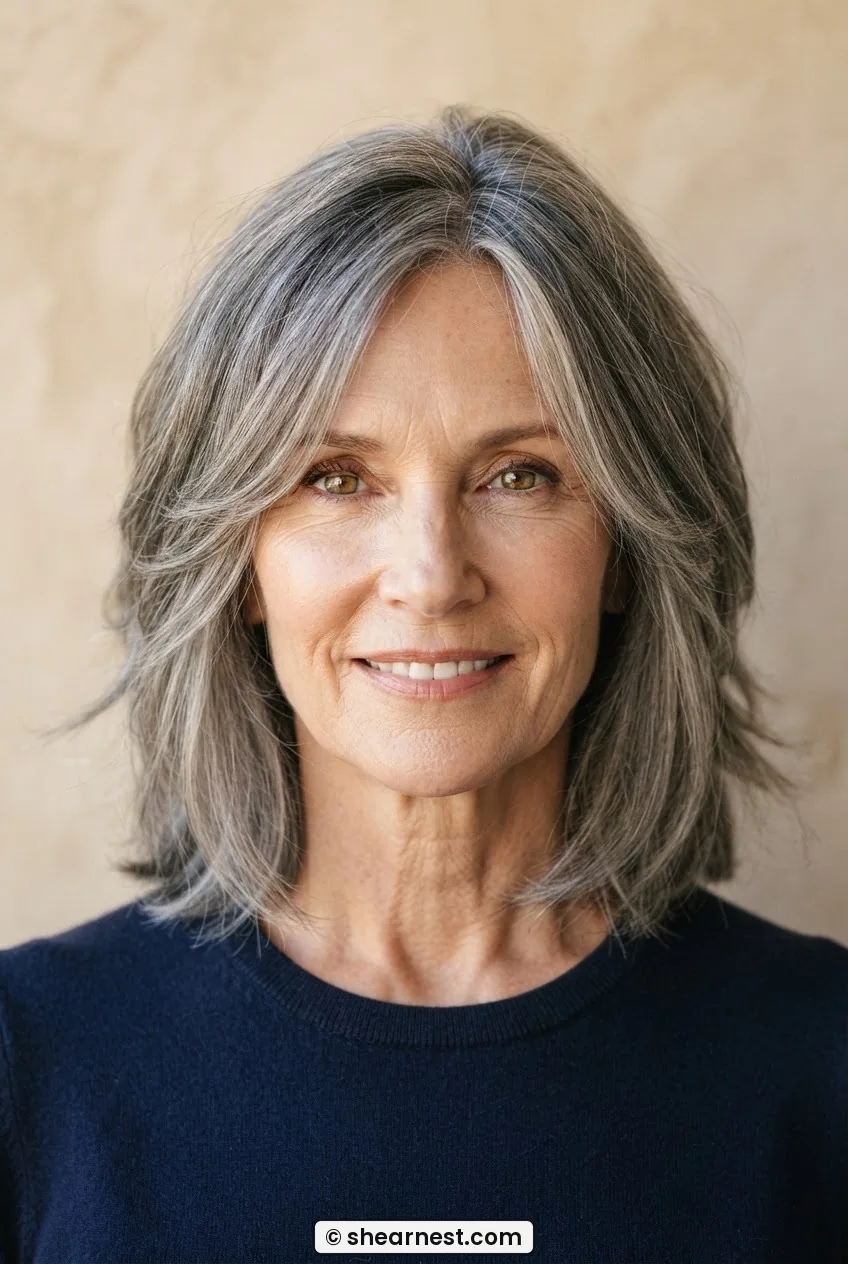 Woman with a long face wearing a collarbone-length textured lob with wispy grey face-framing pieces starting at the cheekbones