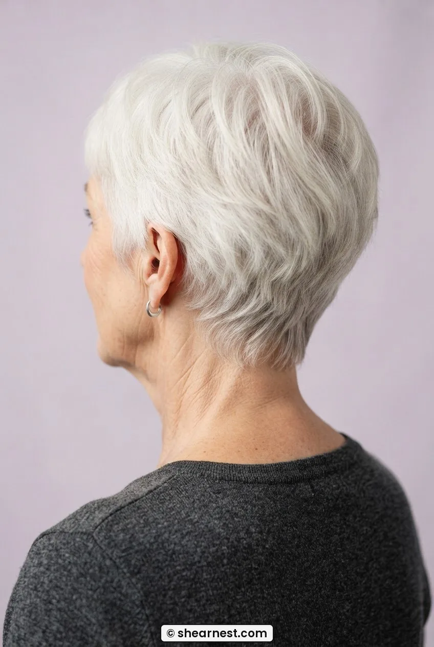 Rear three quarter angle of a seventy-year-old woman showing short white textured pixie cut and softly tapered nape