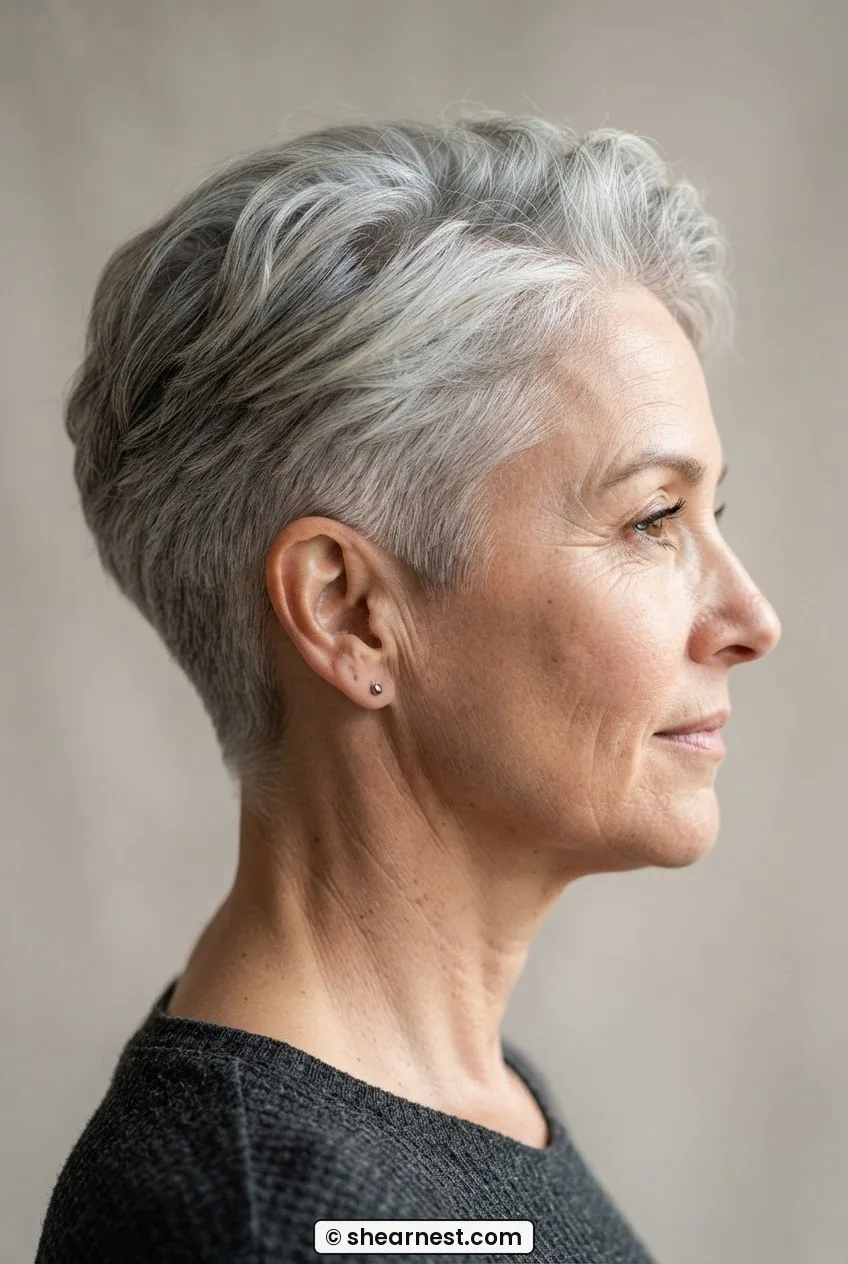 Side profile of woman with thick silver hair in a textured pixie with tapered sides and volume at the crown