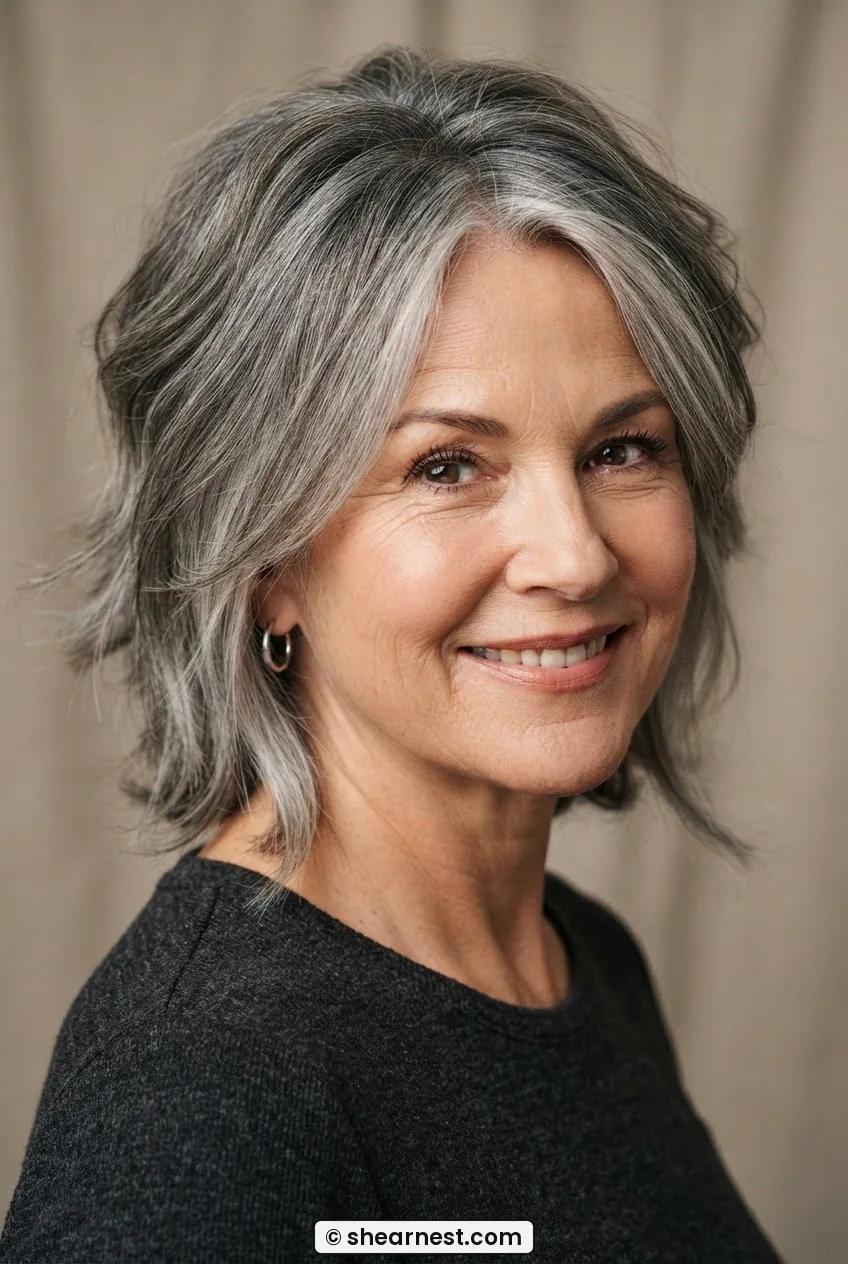 Woman over 50 with round face and textured grey shag cut showing face-framing layers angled toward chin