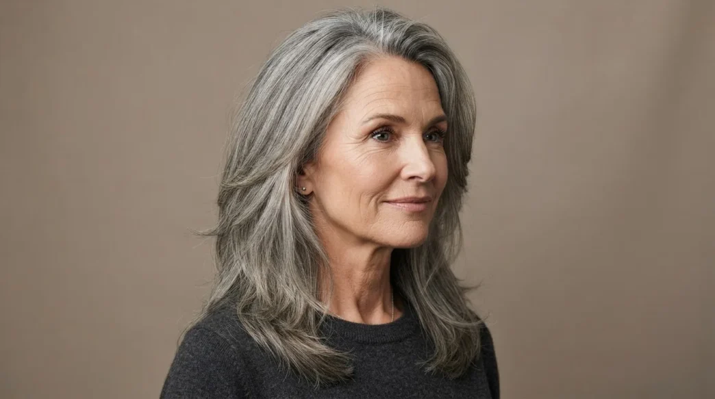 Woman aged 50 with thick greying hair in long interior-thinned layers against taupe backdrop, editorial lighting