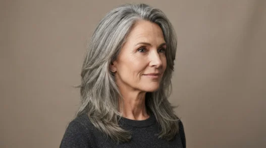Woman aged 50 with thick greying hair in long interior-thinned layers against taupe backdrop, editorial lighting