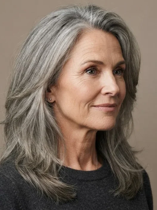 Woman aged 50 with thick greying hair in long interior-thinned layers against taupe backdrop, editorial lighting