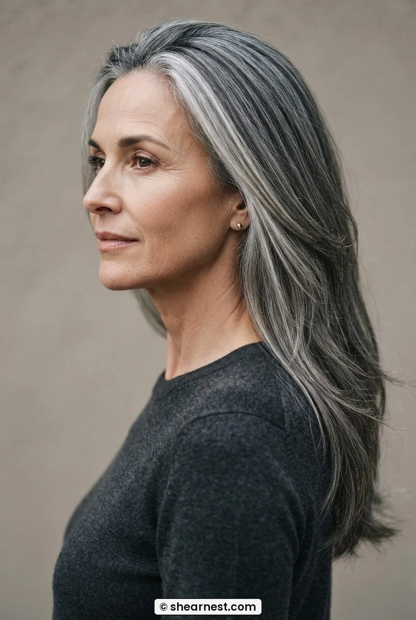 Fifty-year-old woman with thick silver-streaked hair in long interior-thinned layers falling smoothly without outward puff