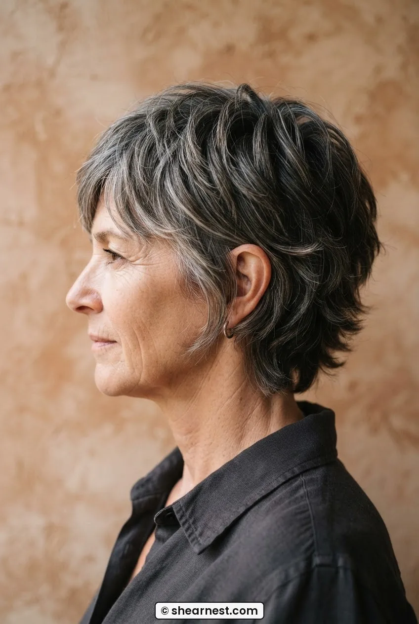 Side profile of a 55-year-old woman with thick salt and pepper hair in a pixie shag with visibly separated interior-thinned layers