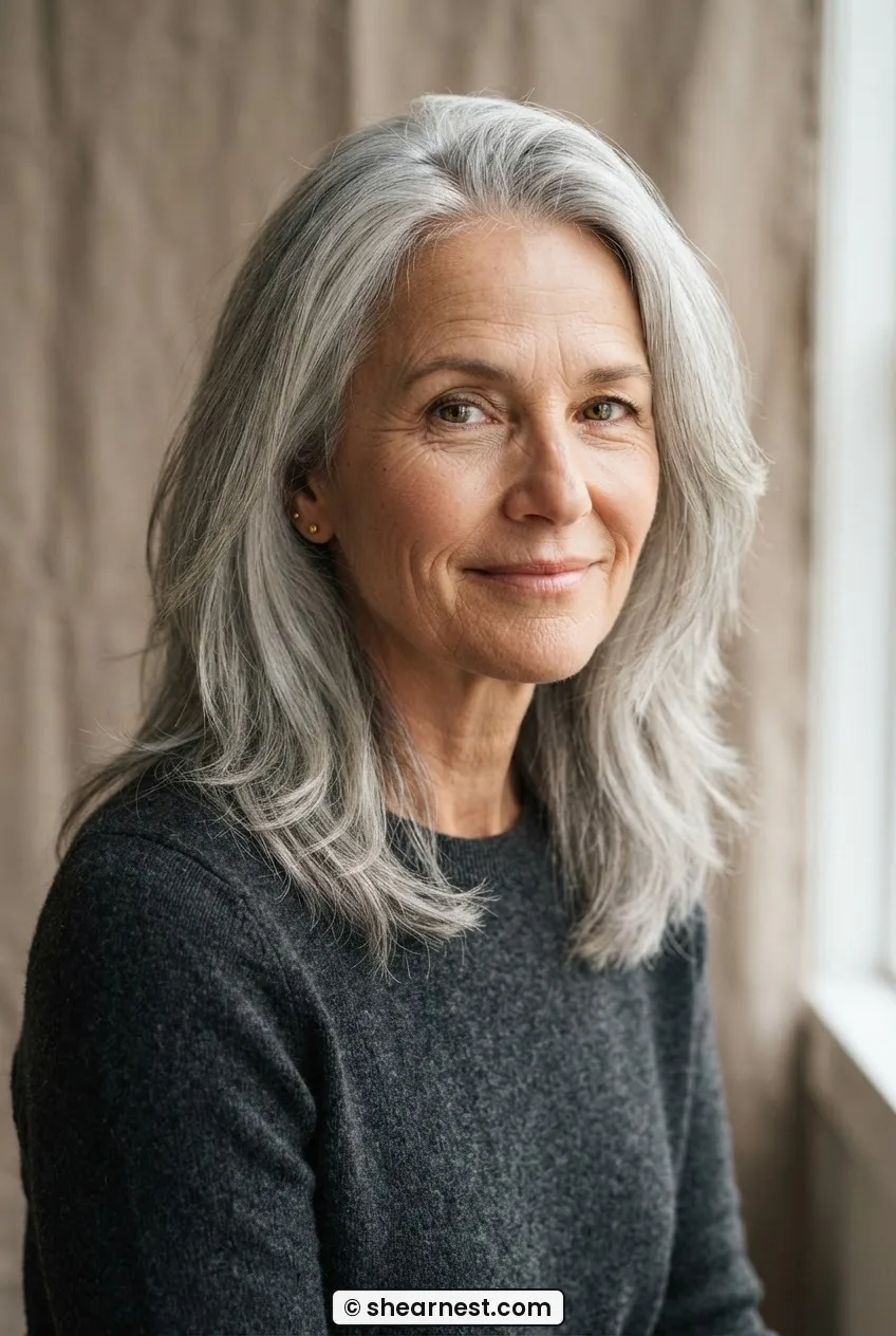 Woman in her early fifties with long naturally silver hair at collarbone length showing visible mid-length layering
