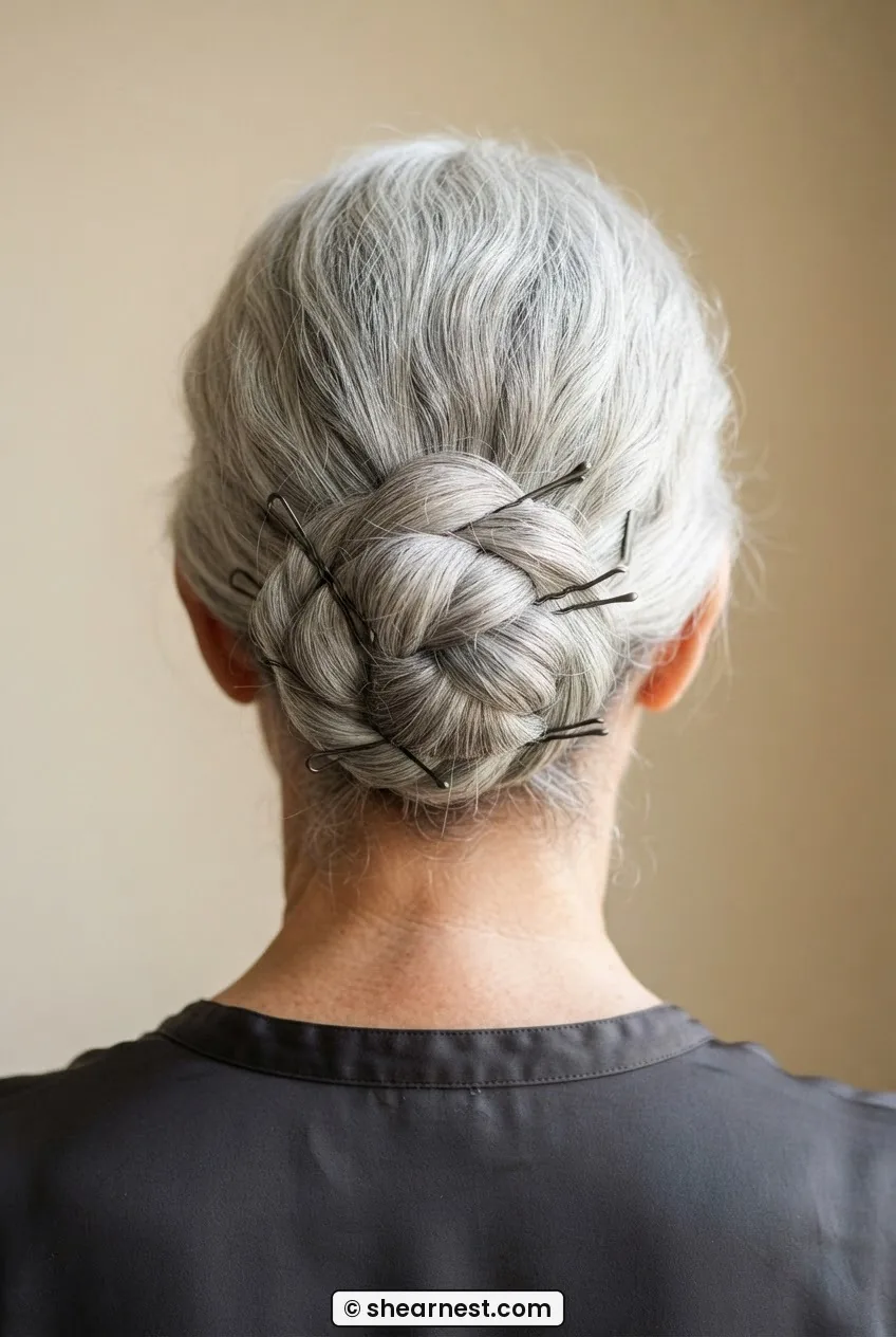 Rear view of woman with thick silver hair in a dense low coiled nape knot pinned flat against the skull