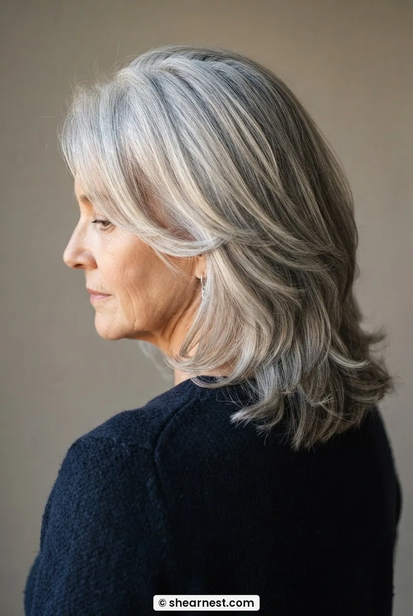 Rear and side view of a woman with long thick silver hair showing interior slide-cut layers and face-framing pieces at the cheekbone