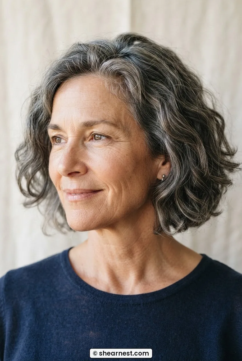 Woman in her mid-fifties with thick salt-and-pepper wavy hair cut to jaw length, showing soft perimeter layering