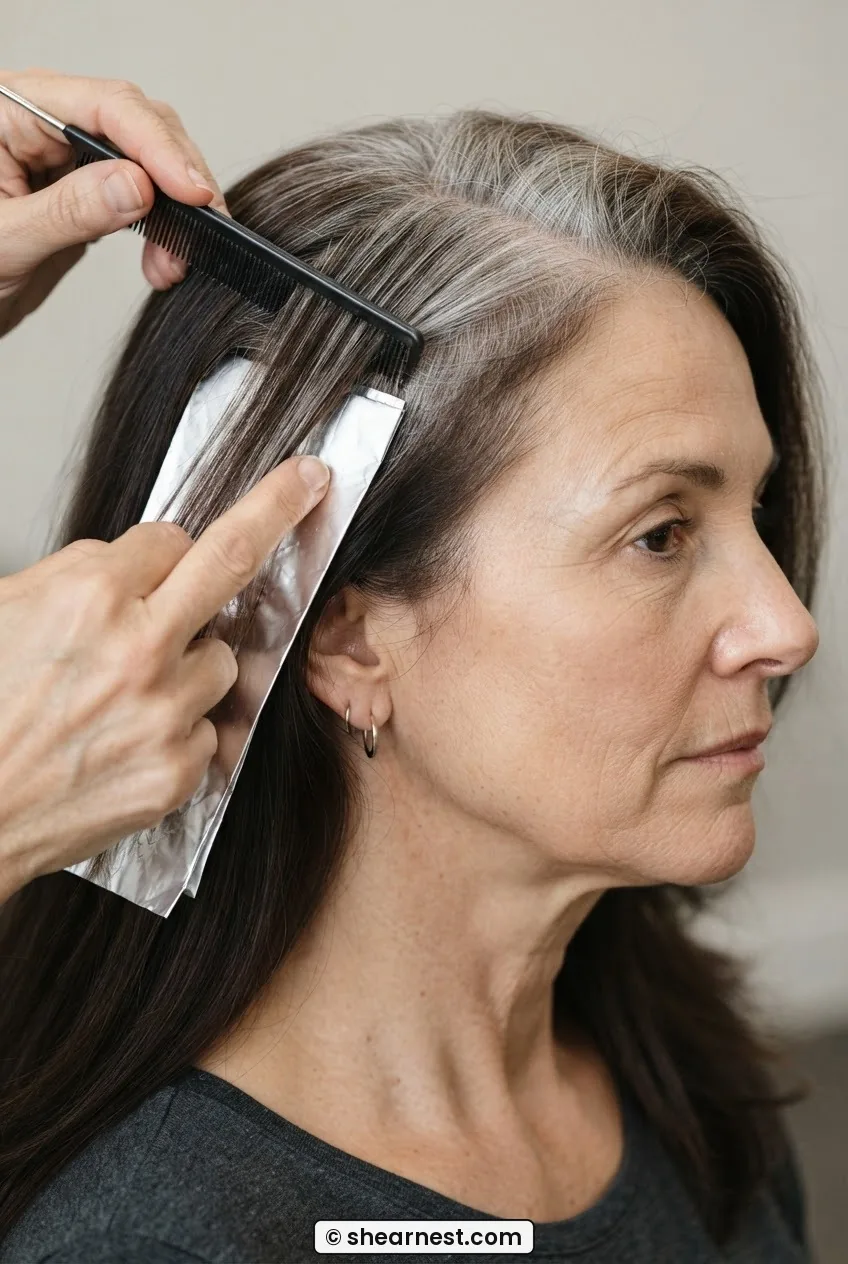 Close view of a thin quarter-inch hair section being held flat near the crown with a rattail comb and foil positioned beneath