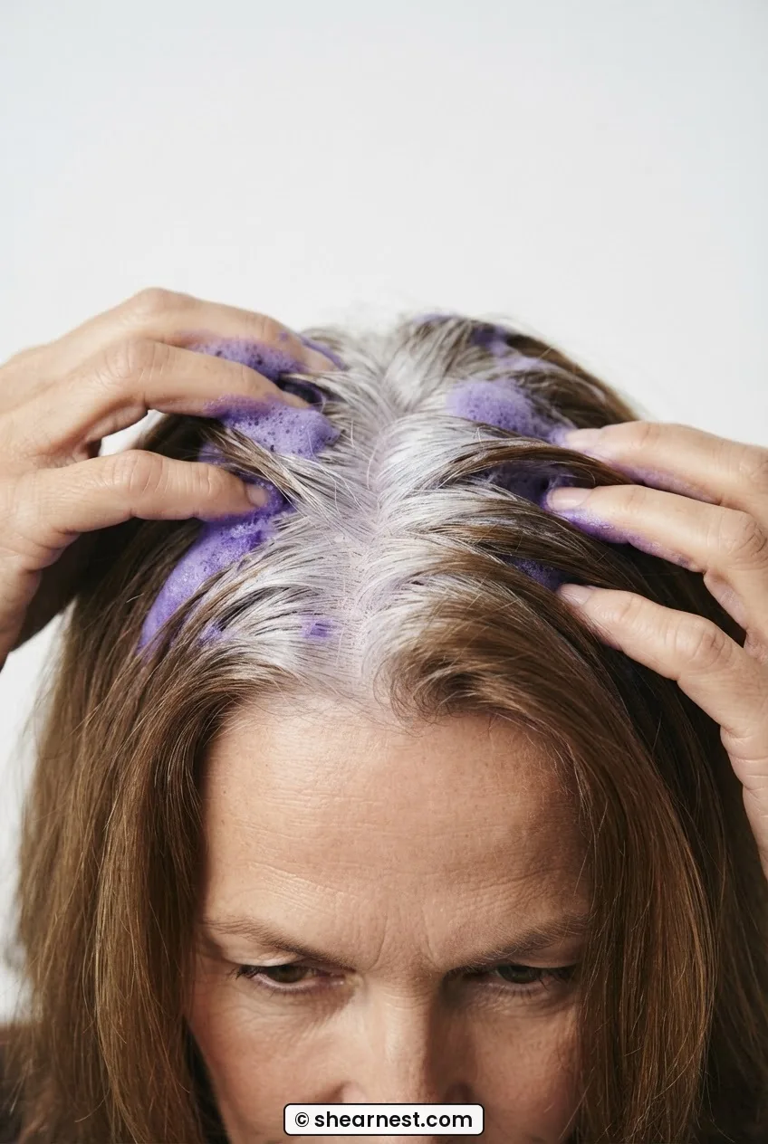 Front close-up of a woman with silver-white root section showing violet toning shampoo lather held away from warm brown mid-lengths