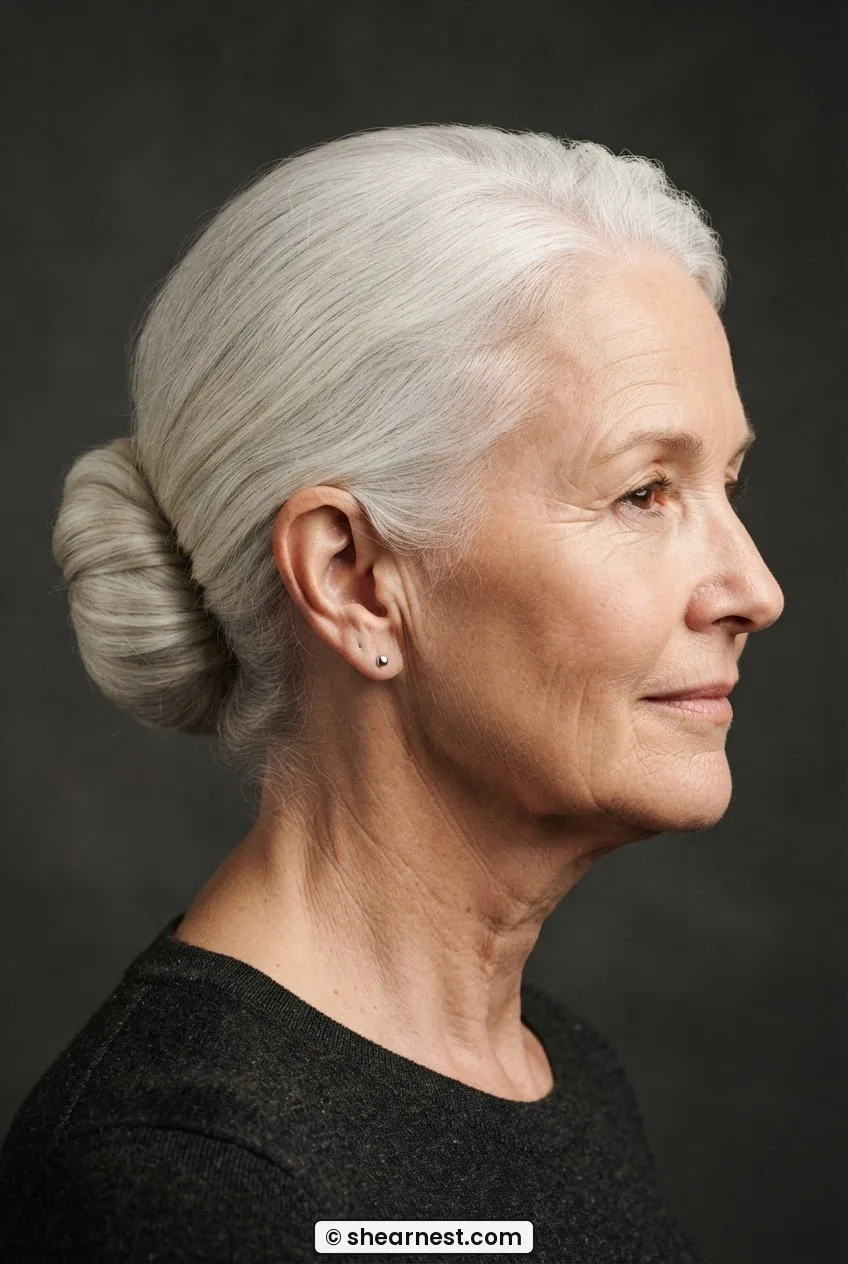 Three-quarter view of woman with white hair in a folded topsy-tail low bun with a clean horizontal seam at the nape