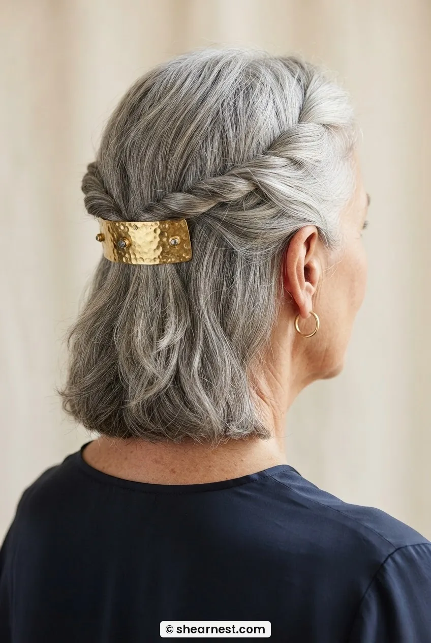Three-quarter rear view showing a horizontal twisted back panel secured with a large gold barrette on mid-length silver hair